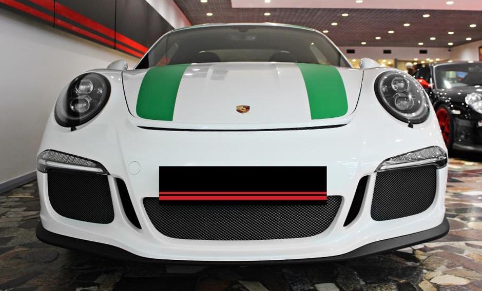 Porsche 911 R White with Green Stripes Front Angle