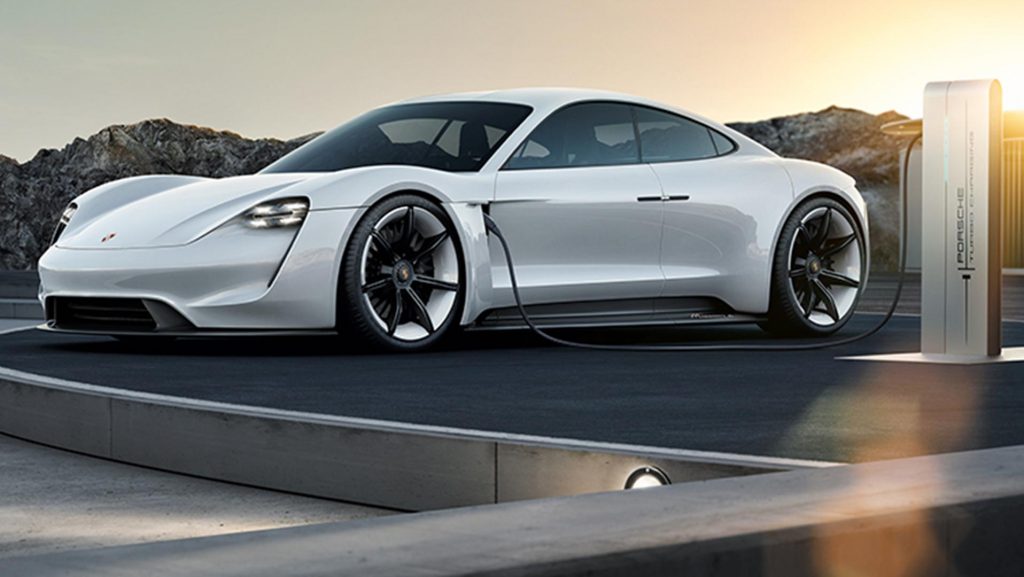 Concept Porsche Mission E At an Electric Charging Station