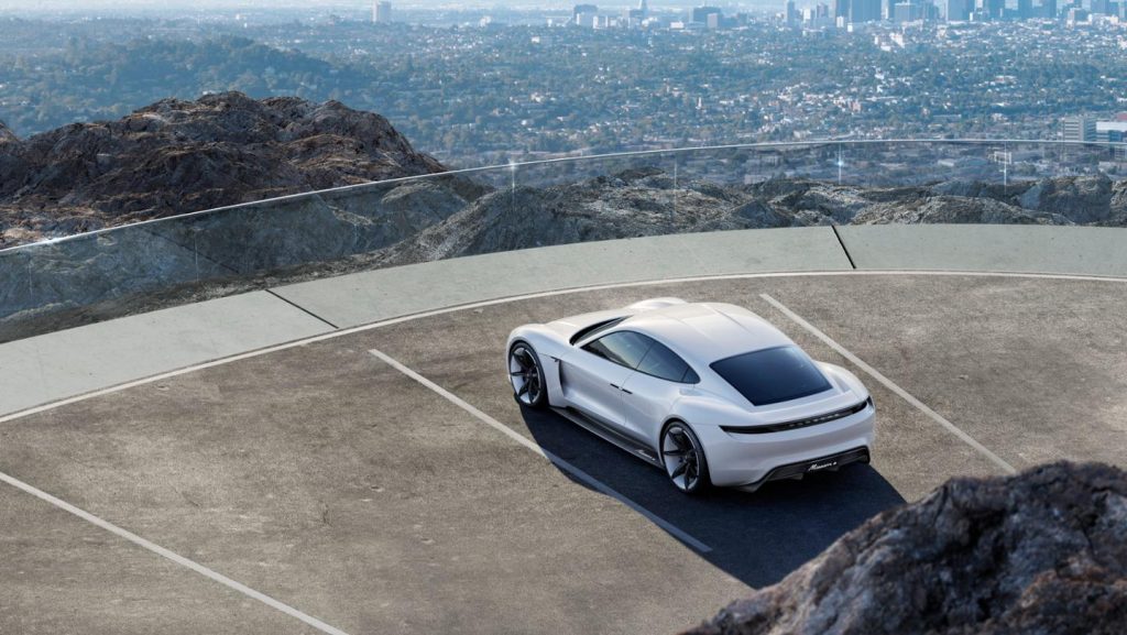 Concept Porsche Mission E Parked at a City Lookout